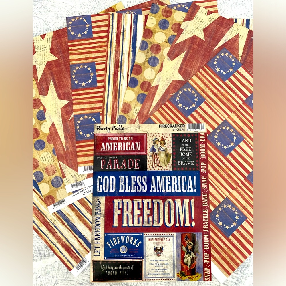 🇺🇸💥 RUSTY PICKLE “PROUD TO BE AMERICAN” STICKERS & SCRAPBOOK PAPER BUNDLE!